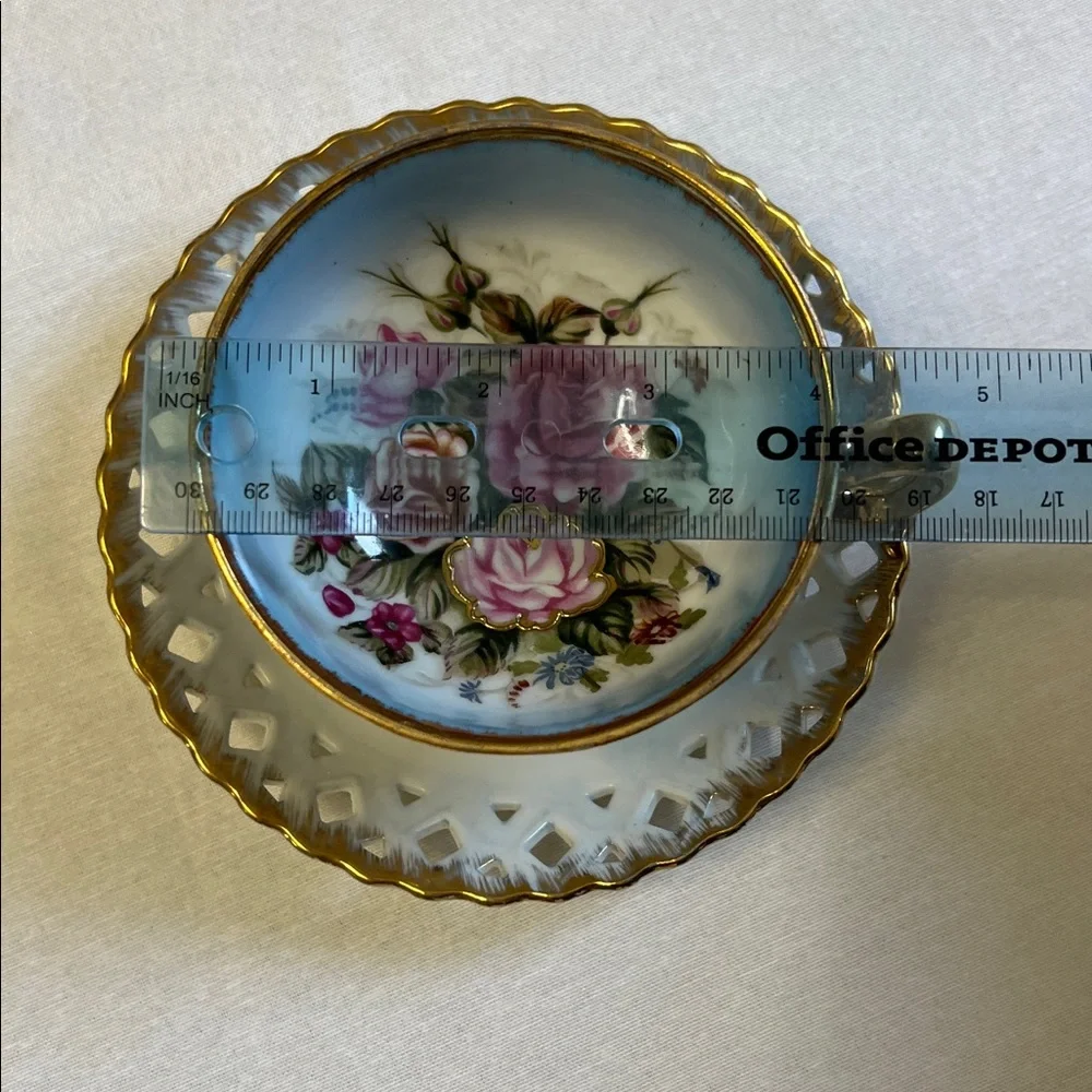 Vintage Iridescent Lusterware Moriage Footed Teacup Reticulated Saucer Pink Rose